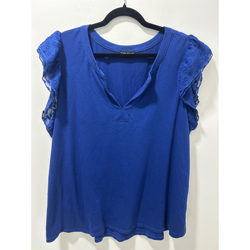 Lane Bryant Royal Blue Swiss Dot Flutter Sleeve Top Split Neck Blouse 18/20